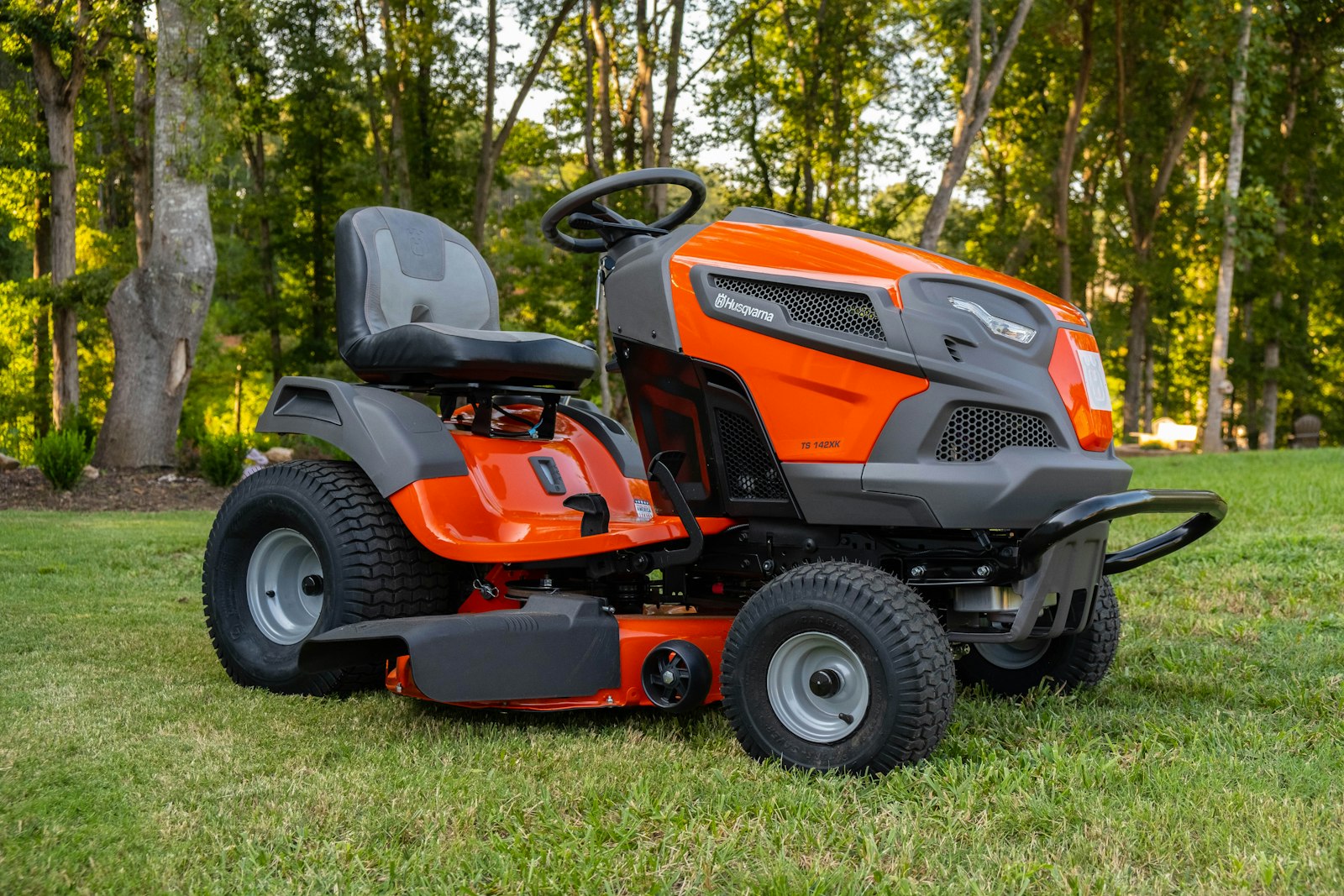Zero-turn mower at work on a residential lawn